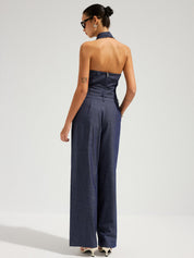 Denim Halter Neck Crop Top & Pants Set