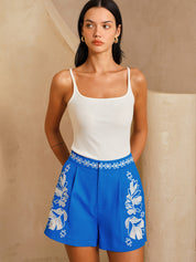 Linen-Blend Mid-Waist Embroidered Shorts