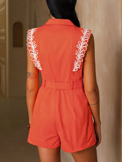 Embroidered Trim Belted Sleeveless Romper