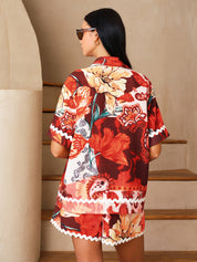 Floral Print Shirt & Drawstring Shorts Set