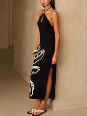 Leaf Embroidered Halter Maxi Dress