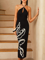 Leaf Embroidered Halter Maxi Dress