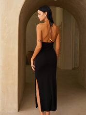 Leaf Embroidered Halter Maxi Dress