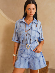 Eyelet Embroidery Mid-Waist Belted Shorts