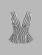 Striped Deep V Peplum Sleeveless Top