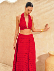 Eyelet Halter Crop Top & Maxi Skirt Set
