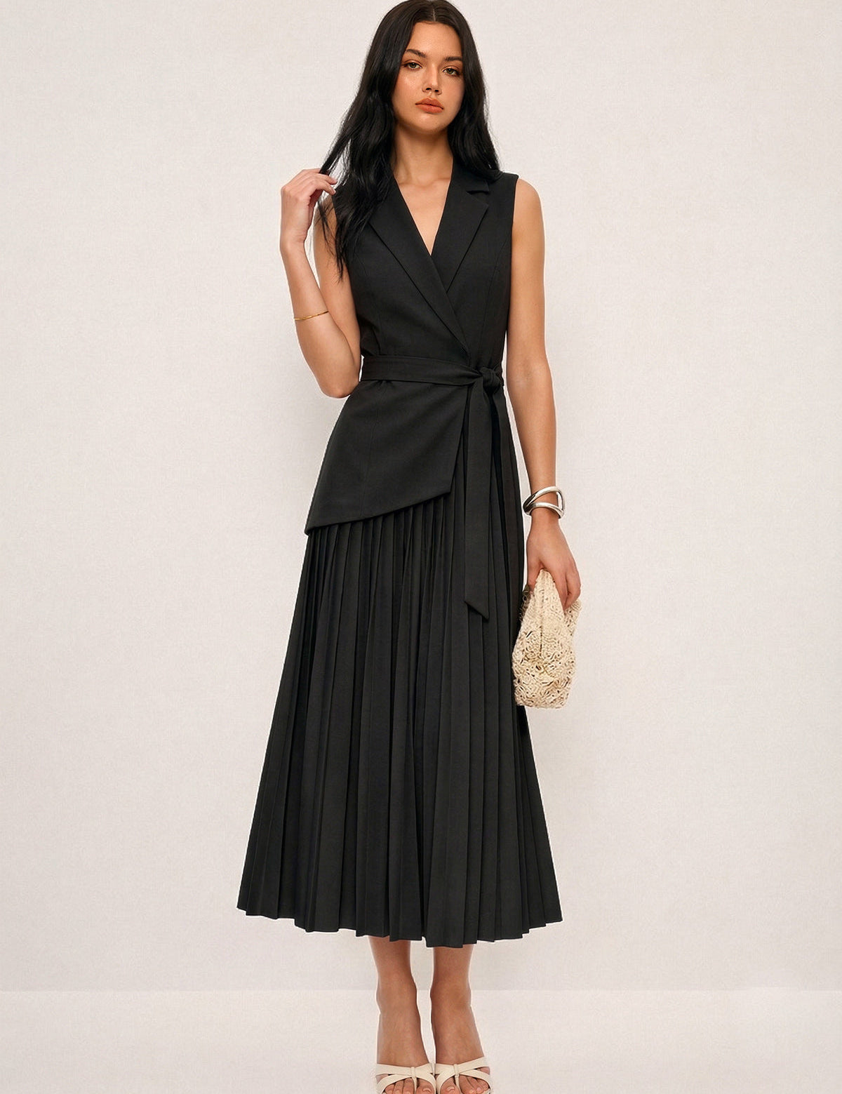 Sleeveless Belted Pleated Blazer Dress