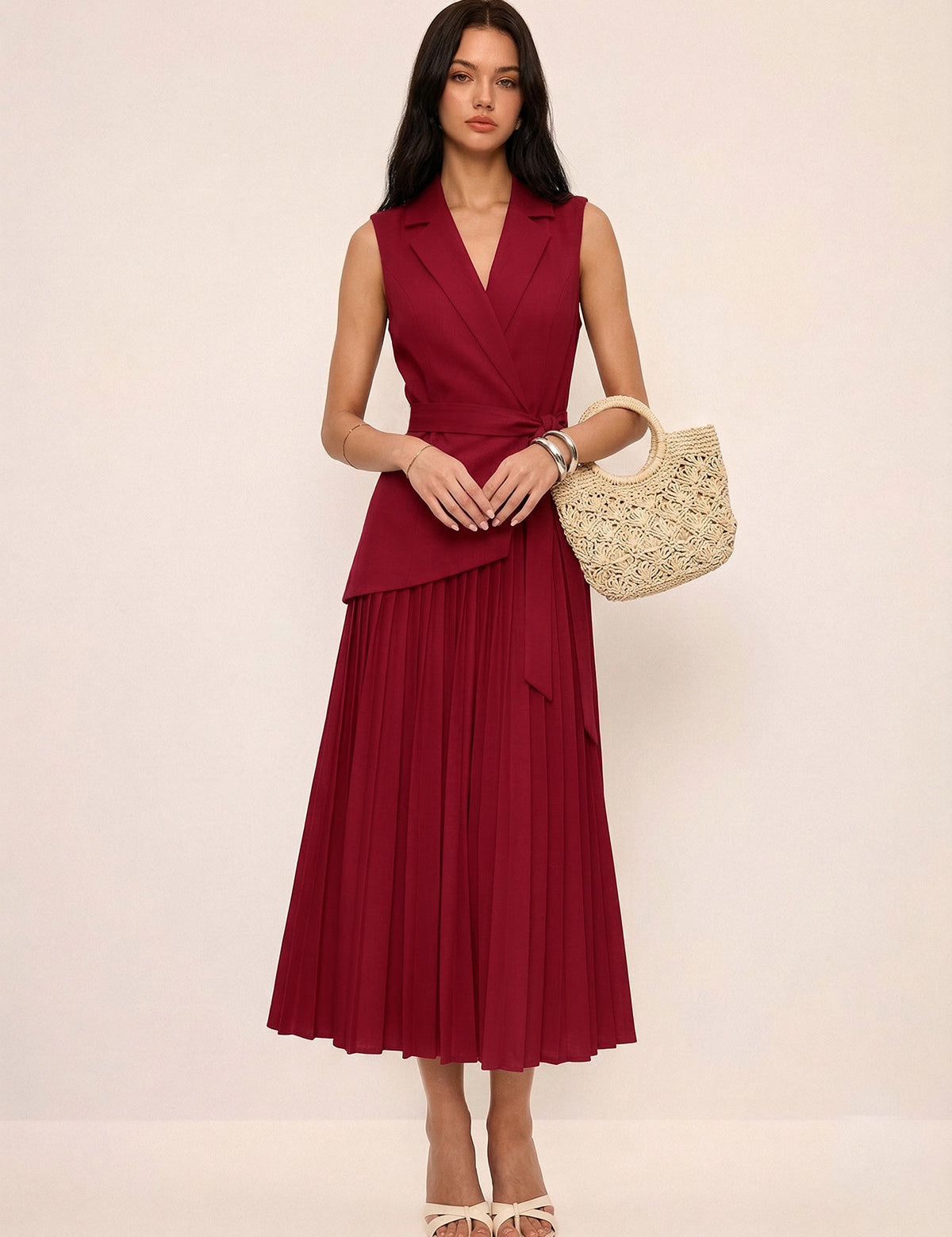 Sleeveless Belted Pleated Blazer Dress