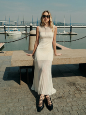 Ribbed Knit Sheer Pleated Maxi Dress