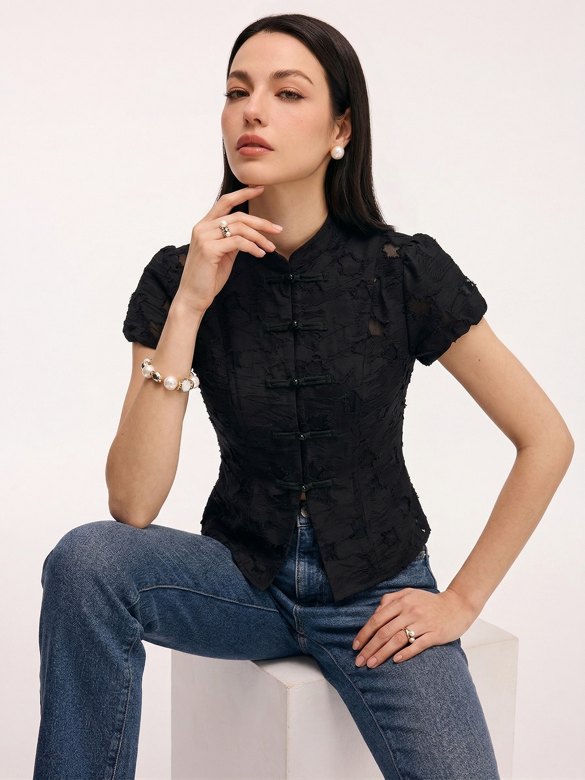 Frog Button Mandarin Collar Textured Blouse