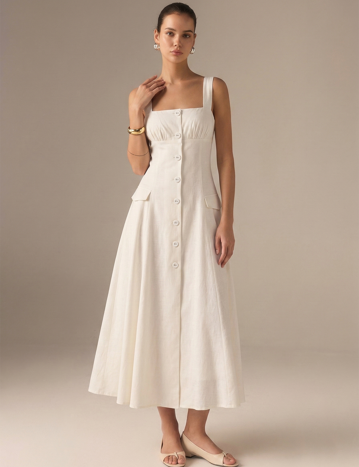 Cotton Blend Button-Front Maxi Dress