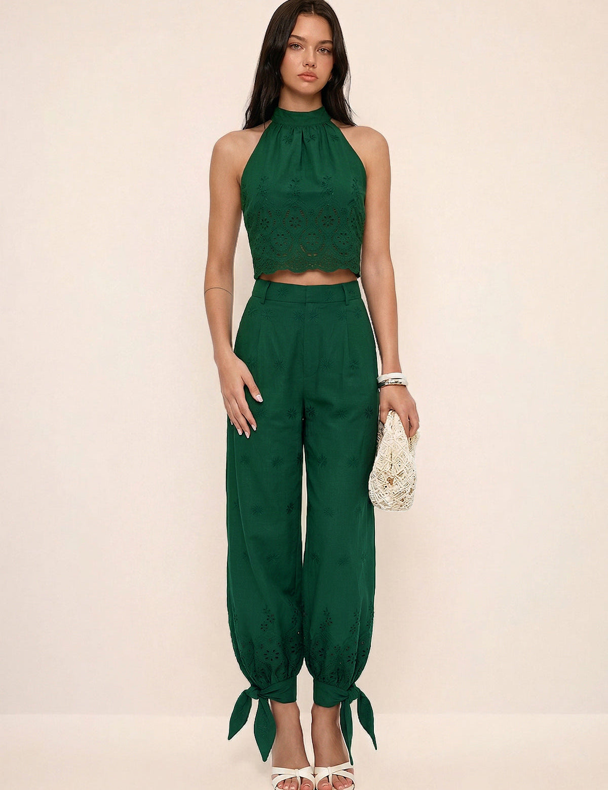 Eyelet Embroidery Top & Tie-Cuff Pants Set