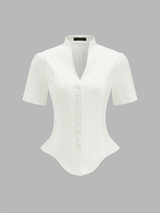 Stand Collar Button Front Asymmetrical Hem Blouse