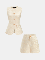Floral Jacquard Sleeveless Vest & Shorts Set