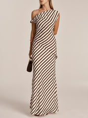 One Shoulder Striped Chiffon Maxi Dress