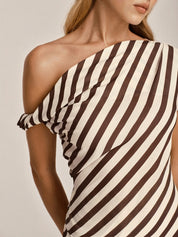 One Shoulder Striped Chiffon Maxi Dress