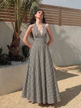 Gingham Halter Cotton Blend Maxi Dress