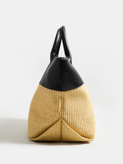 Faux Leather Patchwork Straw Large Tote Bag
