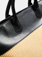 Faux Leather Patchwork Straw Large Tote Bag