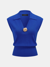 Wool Blend Collared Decorative Knit Vest
