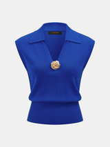 Wool Blend Collared Decorative Knit Vest