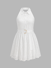 Belted Eyelet Embroidery Halter Mini Dress