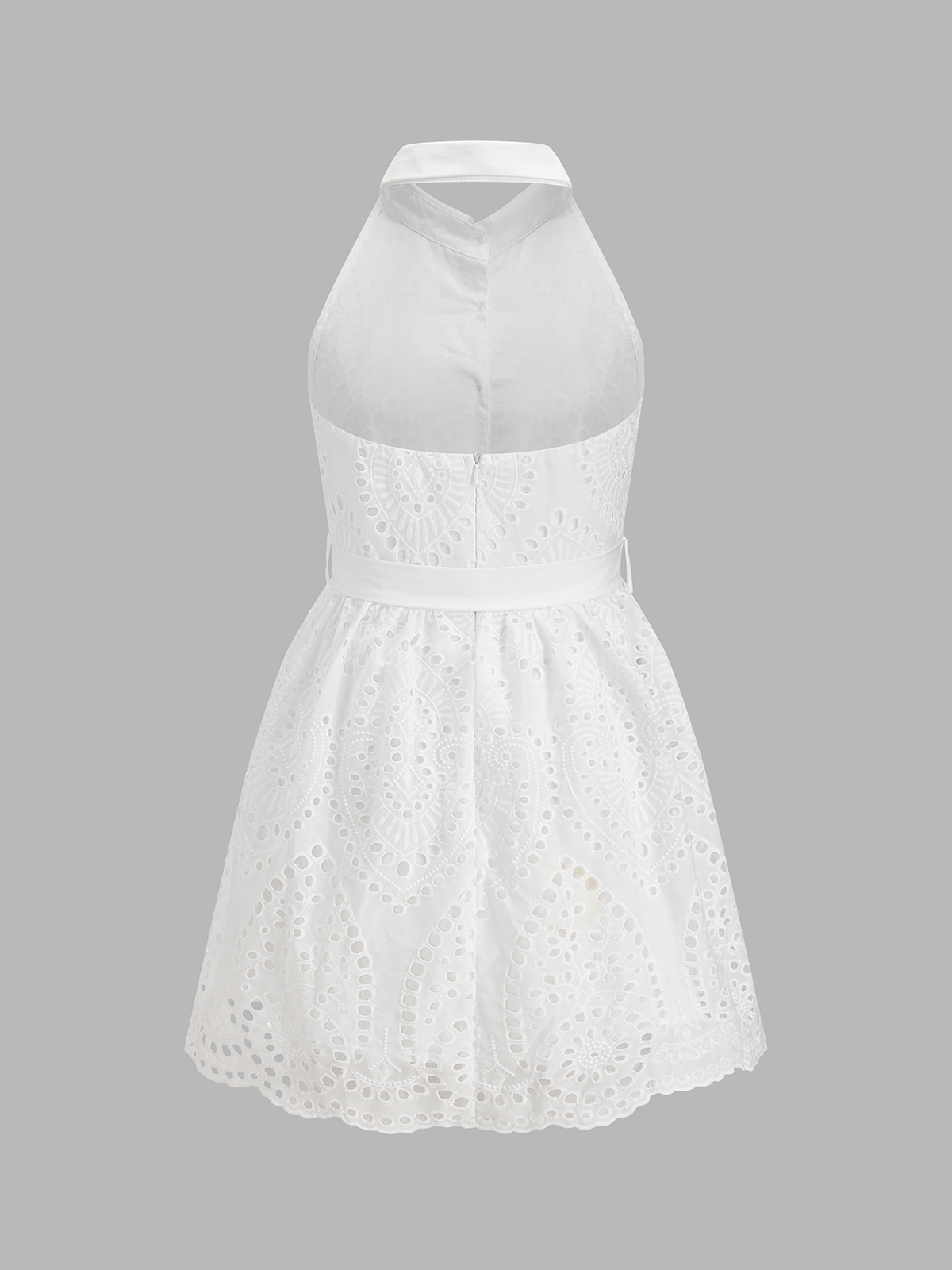 Belted Eyelet Embroidery Halter Mini Dress