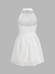 Belted Eyelet Embroidery Halter Mini Dress