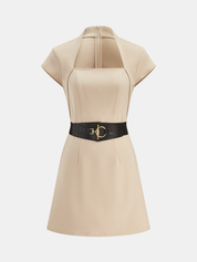 Square Neck Short Sleeve Belted Mini Dress
