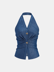 Faux Denim Halter Ruched Top & Pants Set