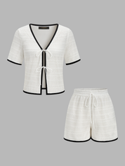 Knitted Contrast Binding Tie Front Top & Shorts Set