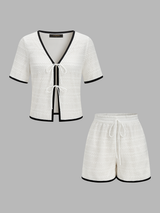 Knitted Contrast Binding Tie Front Top & Shorts Set