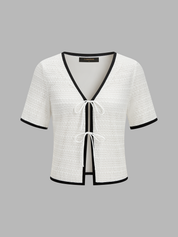 Knitted Contrast Binding Tie Front Top & Shorts Set