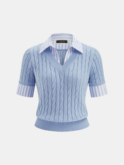 Cable Knit Striped Collar Short Sleeve Top