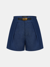 Faux Denim Belted Pleated Shorts