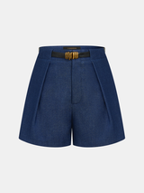 Faux Denim Belted Pleated Shorts