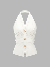 Metal Button Denim Halter Ruched Top