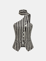 Cotton Blend Gingham Buttoned Halter Top