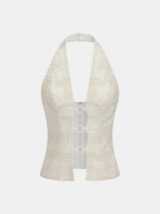 Embroidered Cotton Blend Halter Tank Top