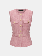 Textured Metal Button Belted Vest & Shorts Set