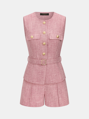Textured Metal Button Belted Vest & Shorts Set