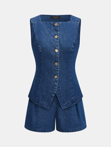 Metal Button Denim Vest & Shorts Set