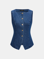Metal Button Denim Vest & Shorts Set