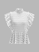 Polka Dot Ruffle Sleeve High Neck Blouse