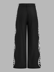 Linen Blend Side Embroidered Wide Leg Pants