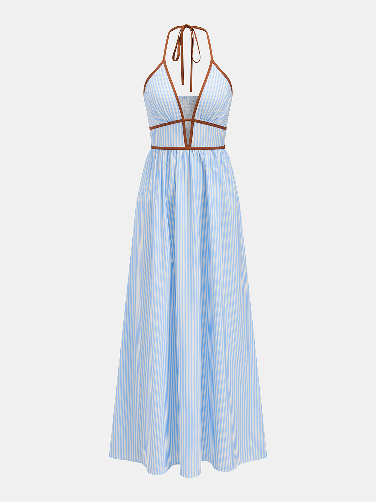 Deep V Neck Halter Striped Midi Dress