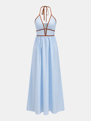 Deep V Neck Halter Striped Midi Dress