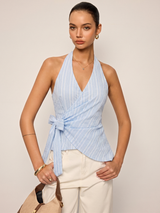 Striped Wrap Halter Tie-Waist Top