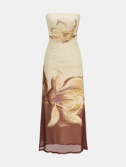 Strapless Floral Ruched Maxi Dress