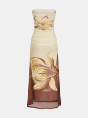 Strapless Floral Ruched Maxi Dress